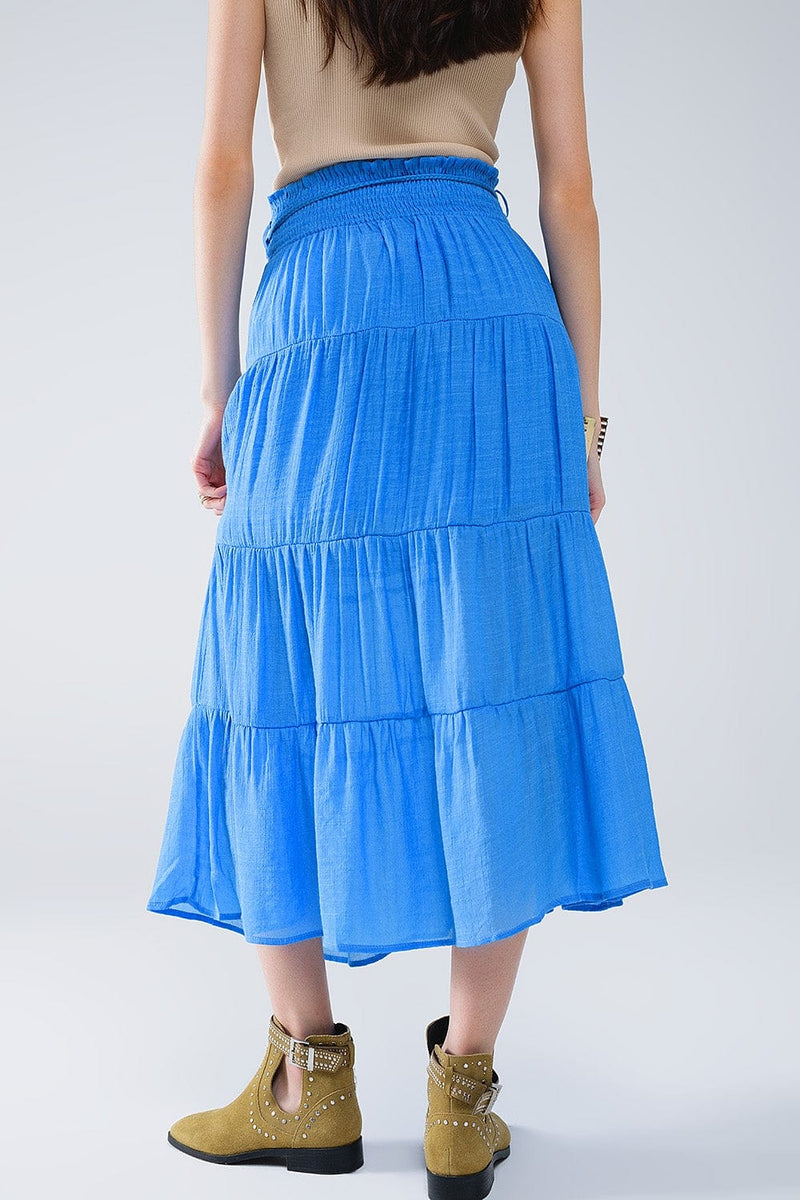 Q2 Women's Skirt Tiered Maxi Skirt In Blue With Elastic Waist And Shell Details