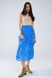 Q2 Women's Skirt Tiered Maxi Skirt In Blue With Elastic Waist And Shell Details