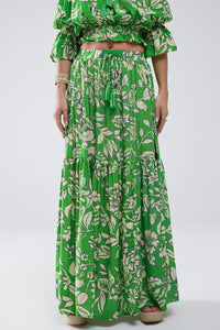 Q2 Women's Skirt Tiered Maxi Skirt In Green Floral Print