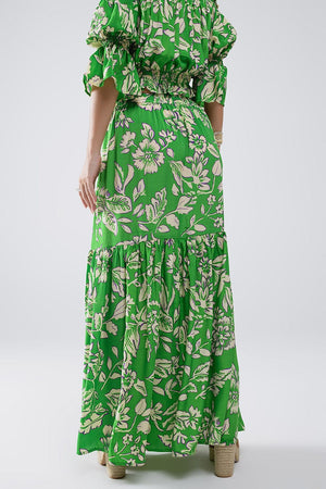 Q2 Women's Skirt Tiered Maxi Skirt In Green Floral Print