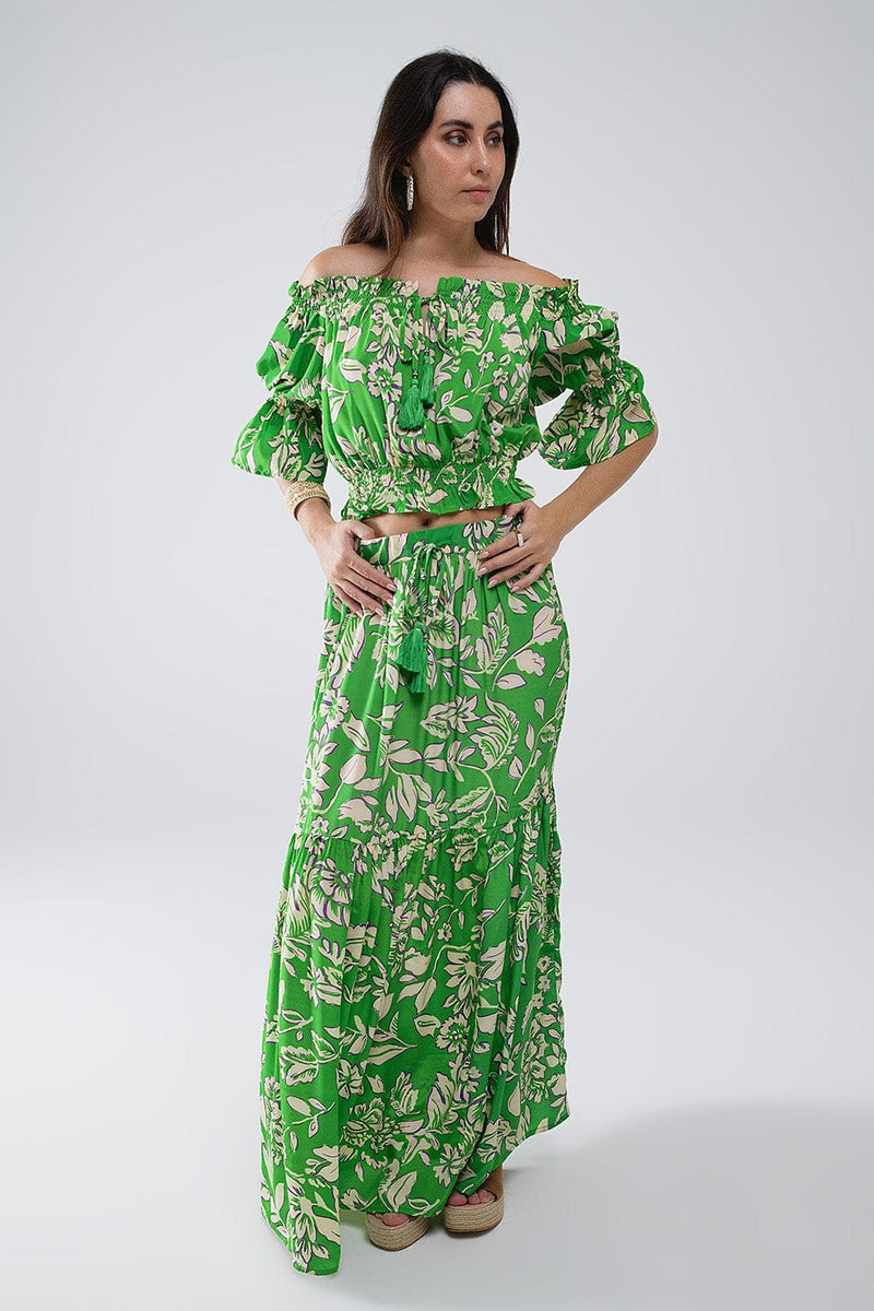 Q2 Women's Skirt Tiered Maxi Skirt In Green Floral Print