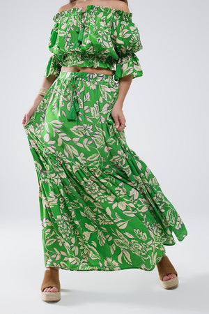 Q2 Women's Skirt Tiered Maxi Skirt In Green Floral Print