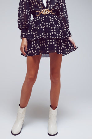 Q2 Women's Skirt Tiered Mini Skirt In Black And Cream Polka Dots