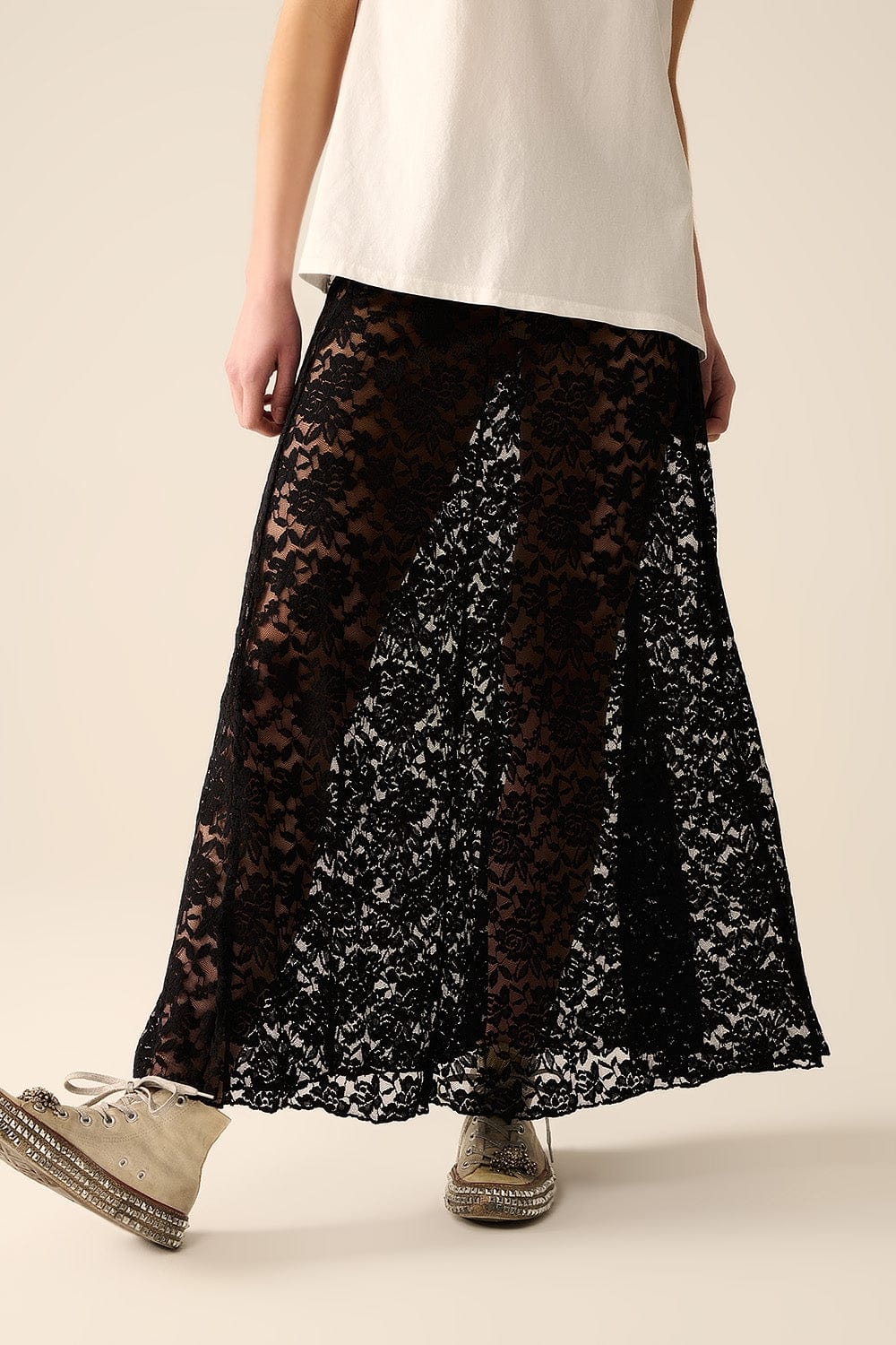 Q2 Women's Skirt Trendy Black Lace Long Skirt