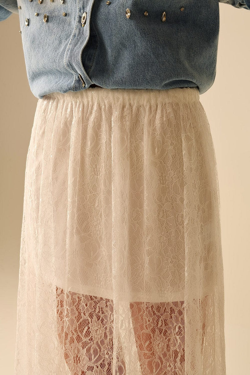 Q2 Women's Skirt White Maxi Lace Skirt With Sequin Detail