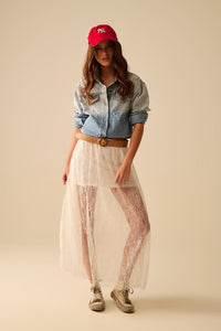 Q2 Women's Skirt White Maxi Lace Skirt With Sequin Detail