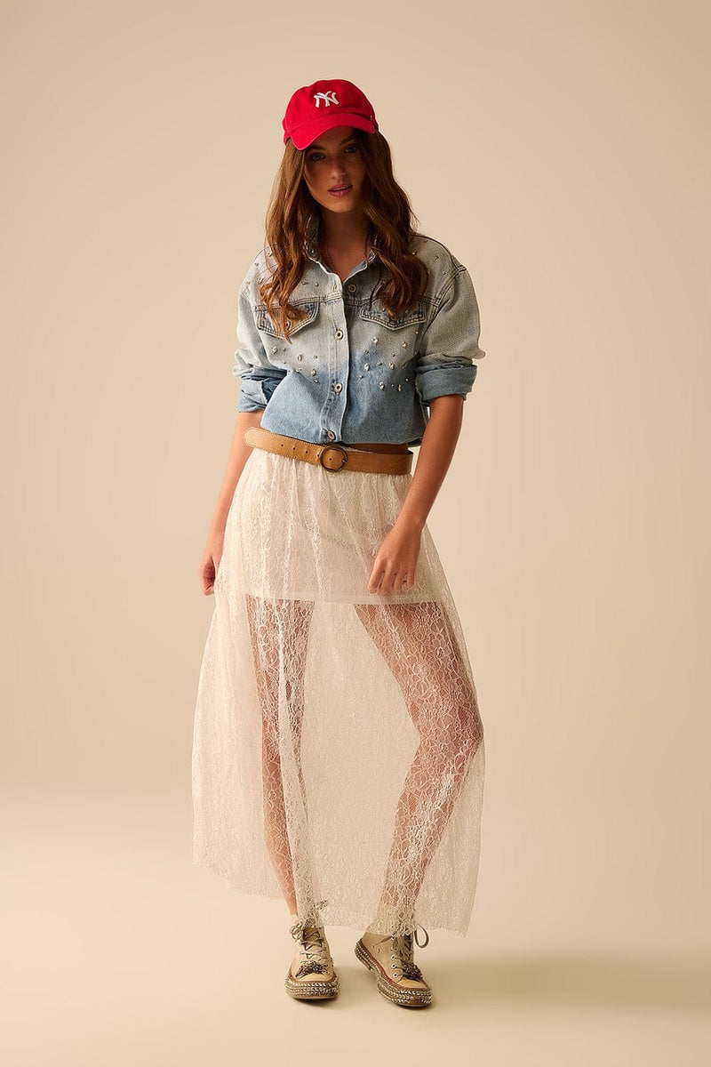Q2 Women's Skirt White Maxi Lace Skirt With Sequin Detail