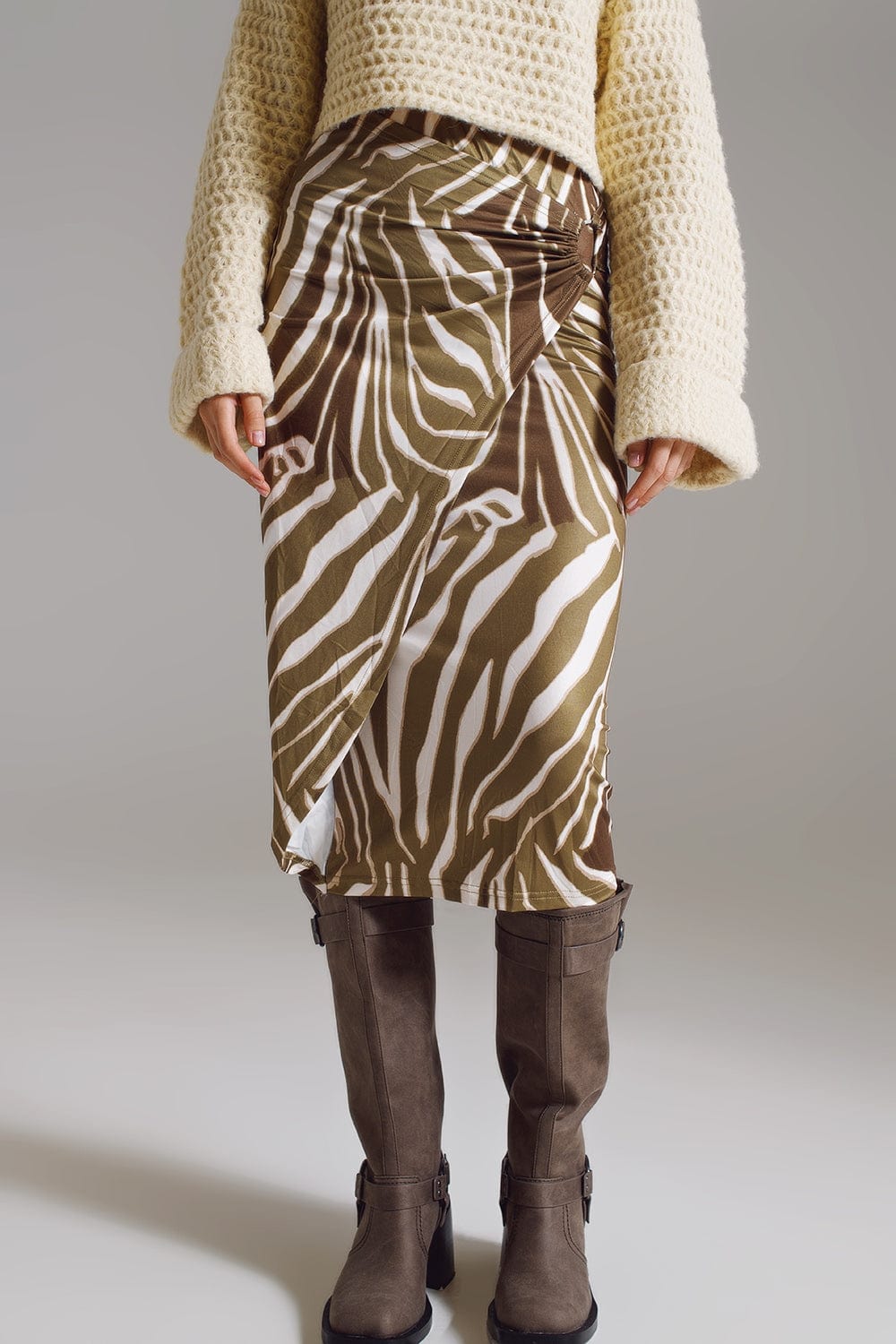 Q2 Women's Skirt Wrap Skirt With Gathered Detail At The Side In Olive Green And Cream Zebra Print
