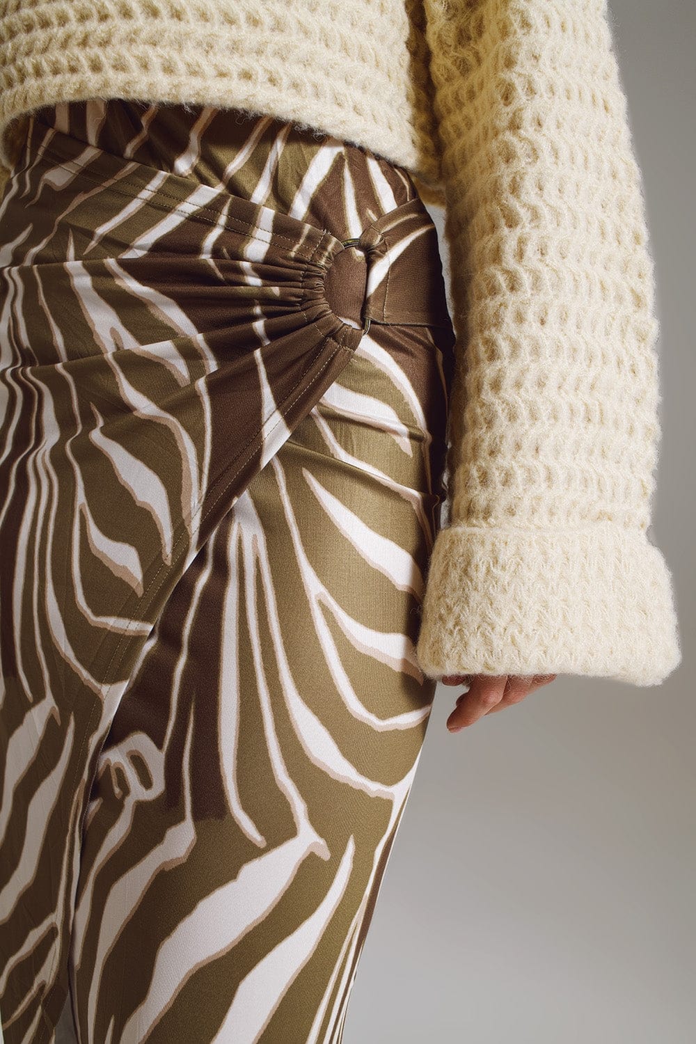 Q2 Women's Skirt Wrap Skirt With Gathered Detail At The Side In Olive Green And Cream Zebra Print