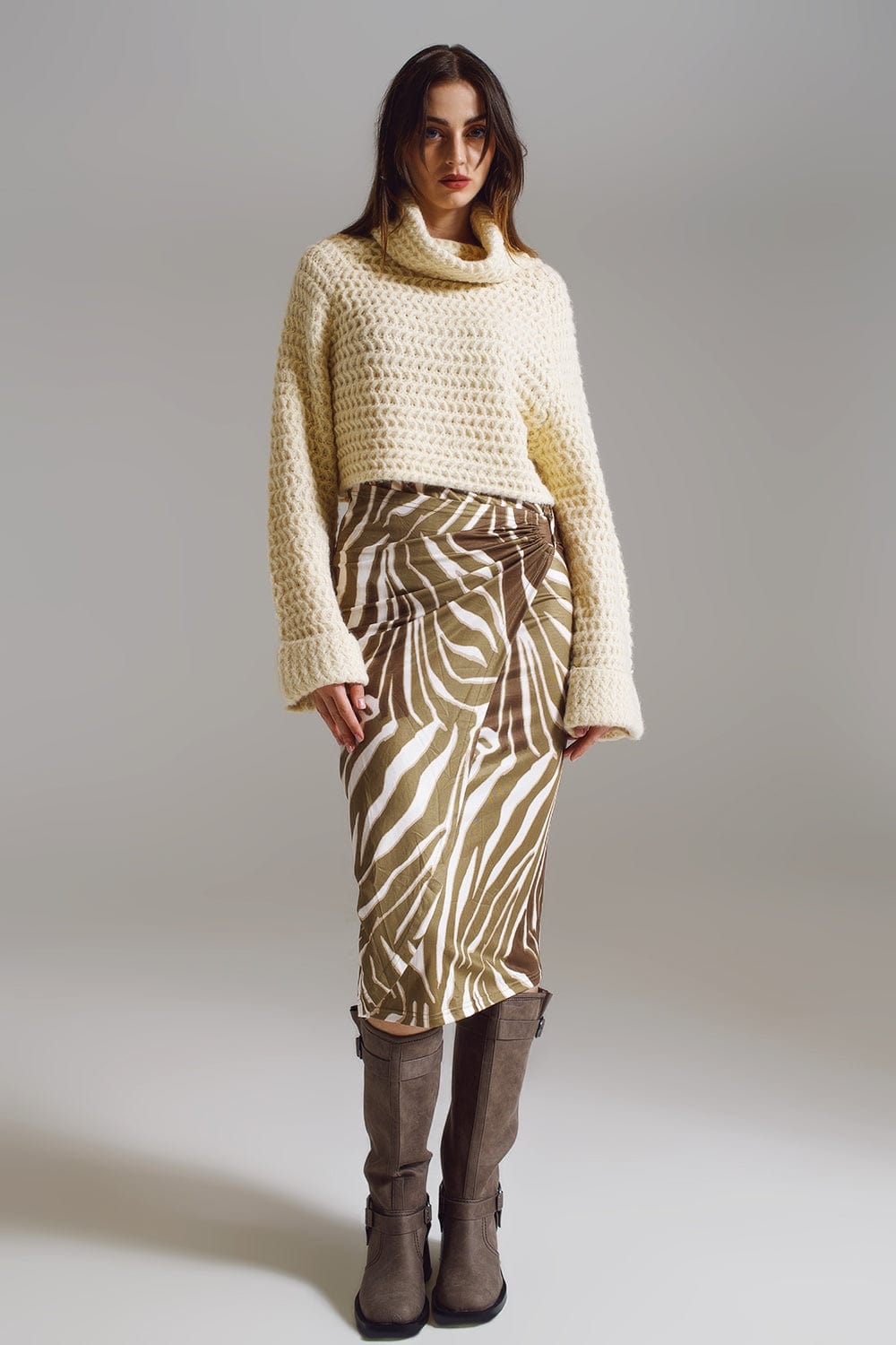 Q2 Women's Skirt Wrap Skirt With Gathered Detail At The Side In Olive Green And Cream Zebra Print