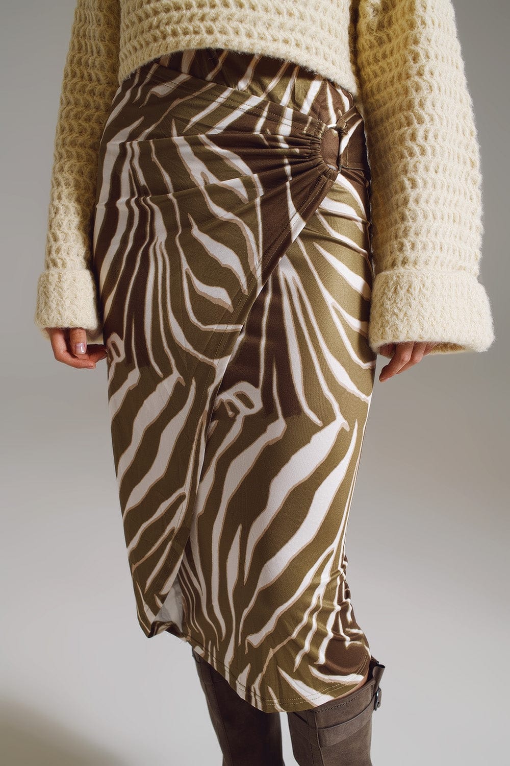 Q2 Women's Skirt Wrap Skirt With Gathered Detail At The Side In Olive Green And Cream Zebra Print