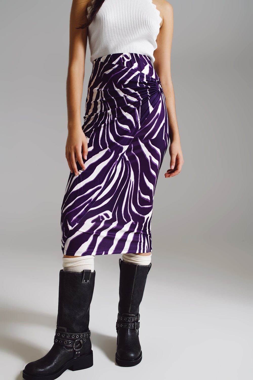 Q2 Women's Skirt Wrap Skirt With Gathered Detail At The Side In Purple And Cream