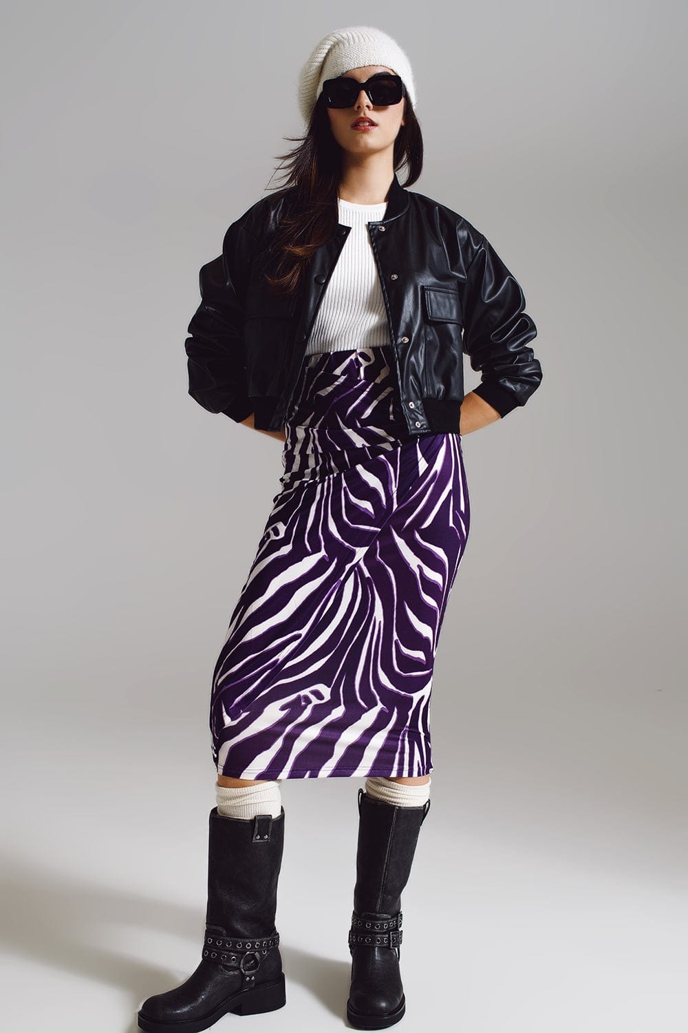 Q2 Women's Skirt Wrap Skirt With Gathered Detail At The Side In Purple And Cream