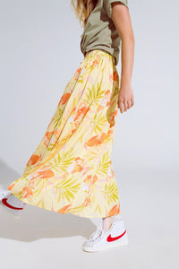 Q2 Women's Skirt Yellow Maxi Skirt With Tropical Print