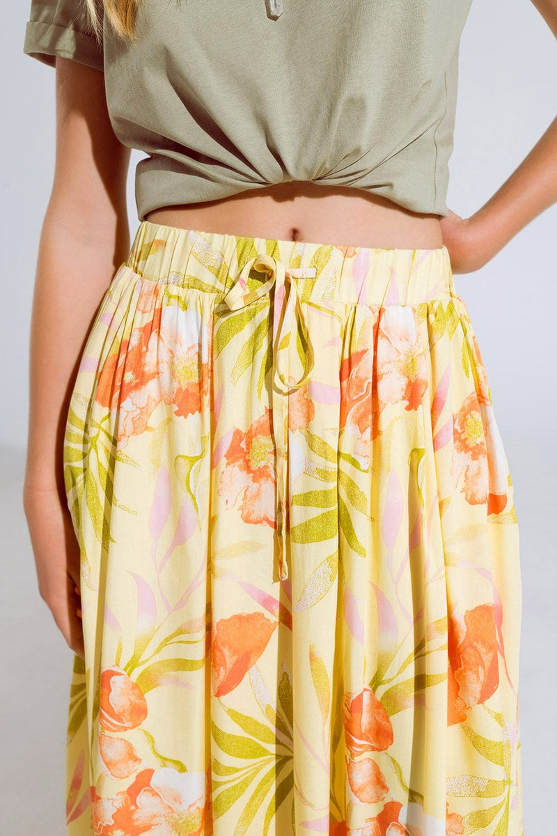 Q2 Women's Skirt Yellow Maxi Skirt With Tropical Print