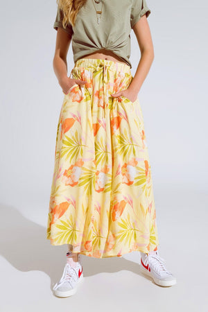 Q2 Women's Skirt Yellow Maxi Skirt With Tropical Print