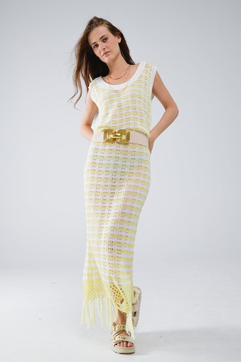 Q2 Women's Skirt Yellow / One Size Midi Crochet White Skirt With Yellow Stripes And Fringe Hem