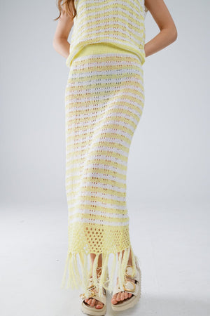 Q2 Women's Skirt Yellow / One Size Midi Crochet White Skirt With Yellow Stripes And Fringe Hem