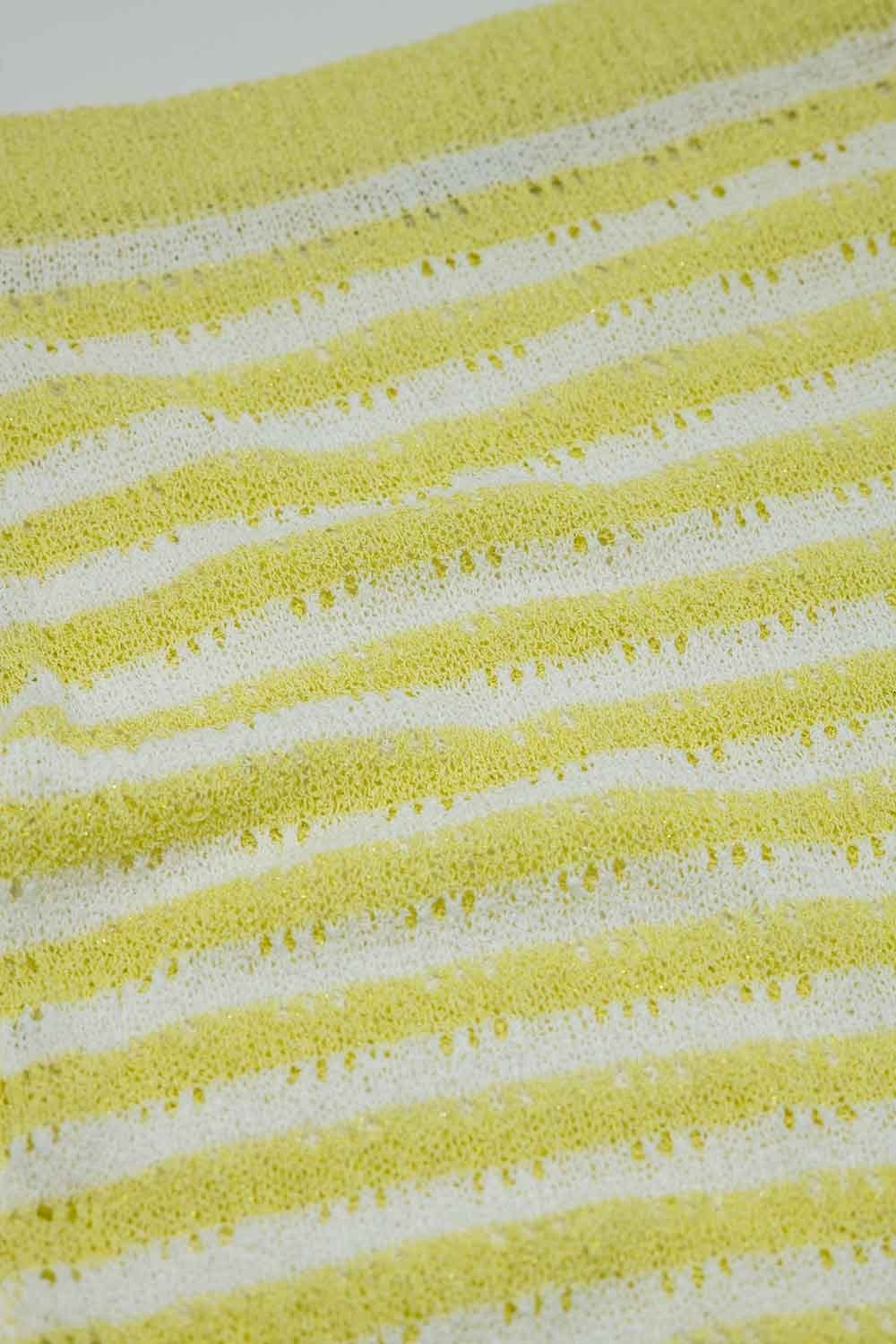 Q2 Women's Skirt Yellow / One Size Midi Crochet White Skirt With Yellow Stripes And Fringe Hem