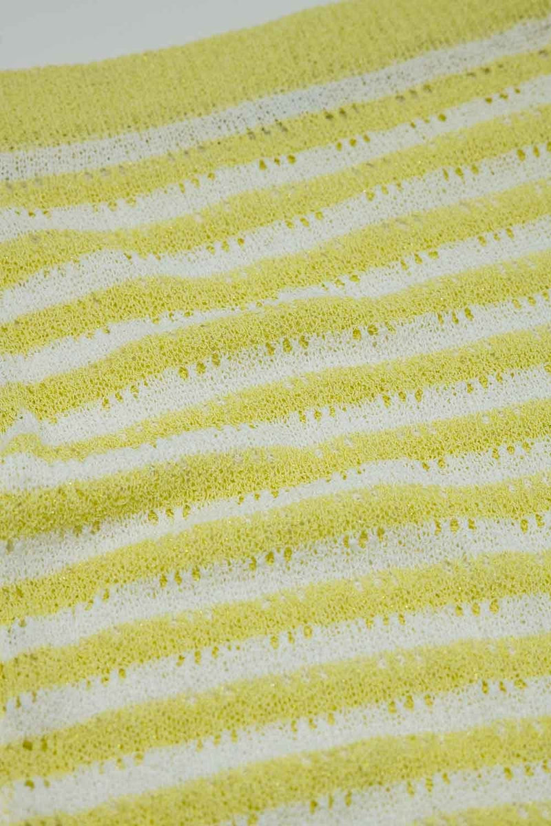 Q2 Women's Skirt Yellow / One Size Midi Crochet White Skirt With Yellow Stripes And Fringe Hem