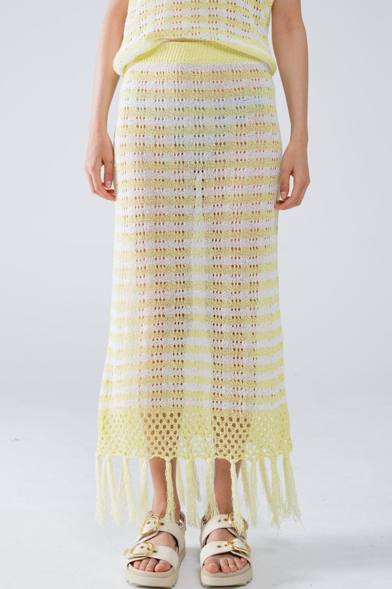 Q2 Women's Skirt Yellow / One Size Midi Crochet White Skirt With Yellow Stripes And Fringe Hem