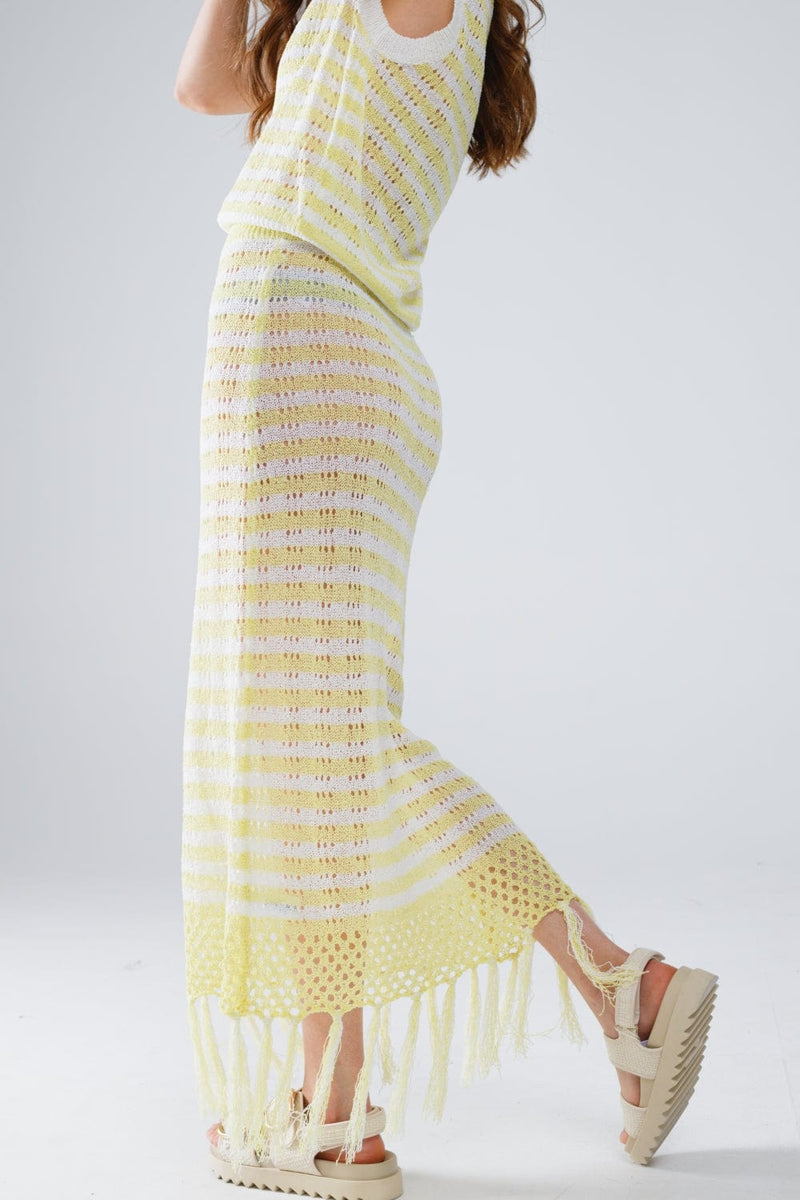 Q2 Women's Skirt Yellow / One Size Midi Crochet White Skirt With Yellow Stripes And Fringe Hem