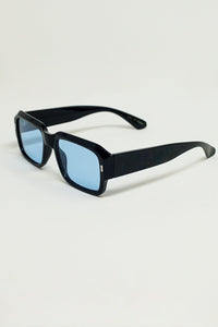 Q2 Women's Sunglasses One Size / Black Rectangular Black Frame Sunglasses With Blue Lenses