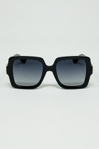 Q2 Women's Sunglasses One Size / Black Wide Square Frame Sunglasses With Gold Detail On The Temples