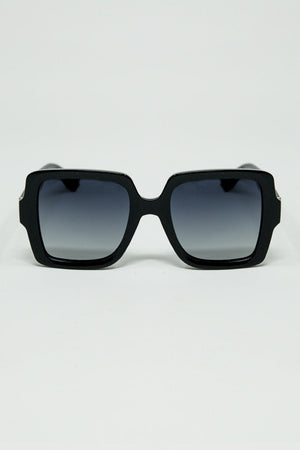 Q2 Women's Sunglasses One Size / Black Wide Square Frame Sunglasses With Gold Detail On The Temples