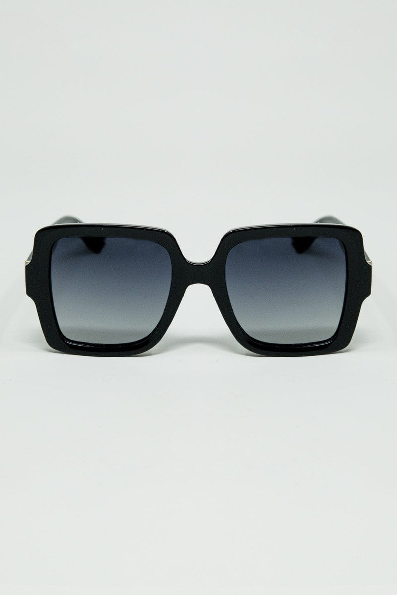 Q2 Women's Sunglasses One Size / Black Wide Square Frame Sunglasses With Gold Detail On The Temples