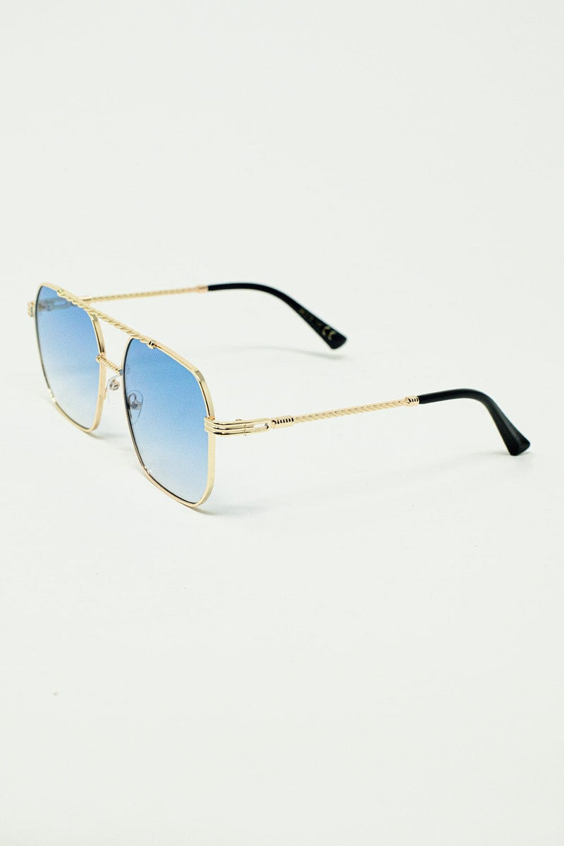 Q2 Women's Sunglasses One Size / Blue Gold Square Frame Sunglasses In Ombre Light Blue