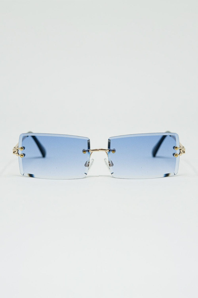 Q2 Women's Sunglasses One Size / Blue Gold Thin Rimless Square Sunglasses With Purple Lenses