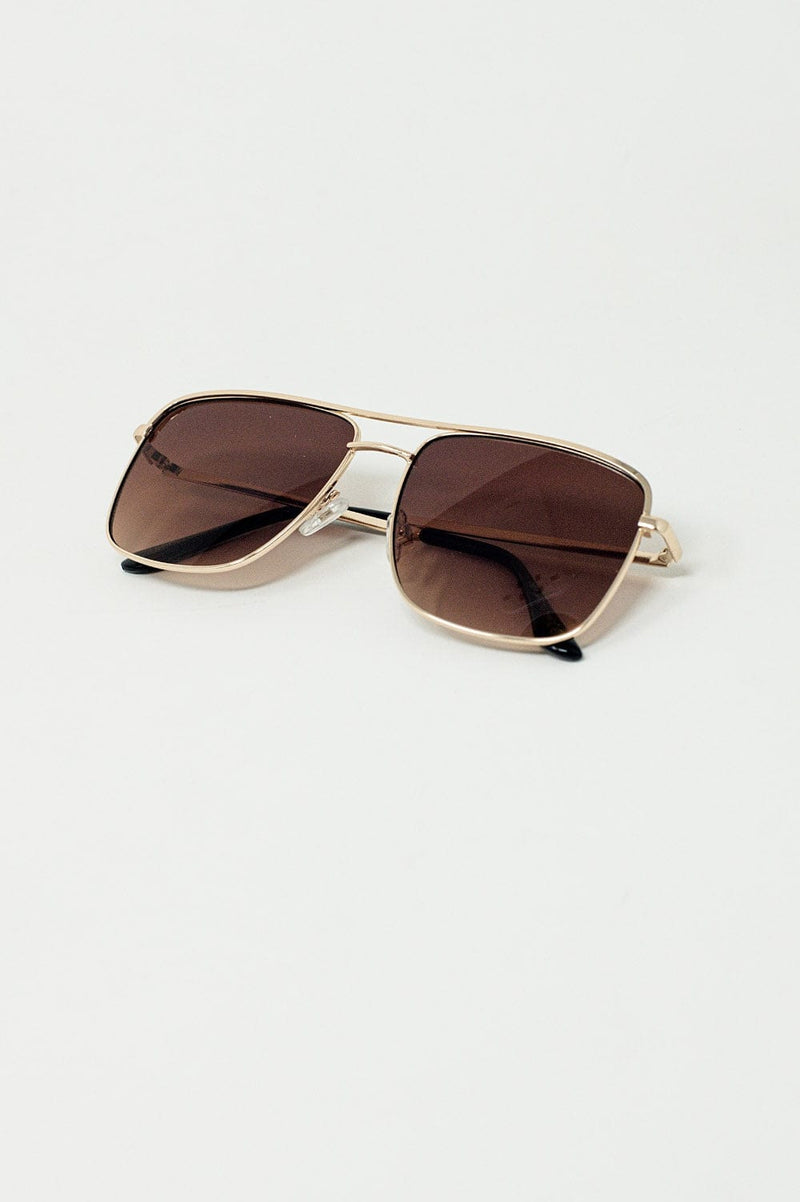 Q2 Women's Sunglasses One Size / Brown Aviator Vintage Sunglasses With Golden Rim In Tan