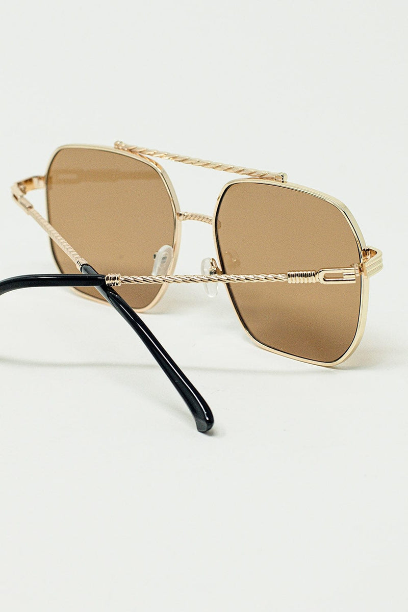 Q2 Women's Sunglasses One Size / Gold Gold Square Frame Sunglasses With Brown Lenses