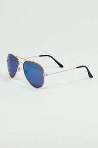 Q2 Women's Sunglasses One Size / Gold Retro Aviator Sunglasses  With Blue Smoke Lense And Golden Frame