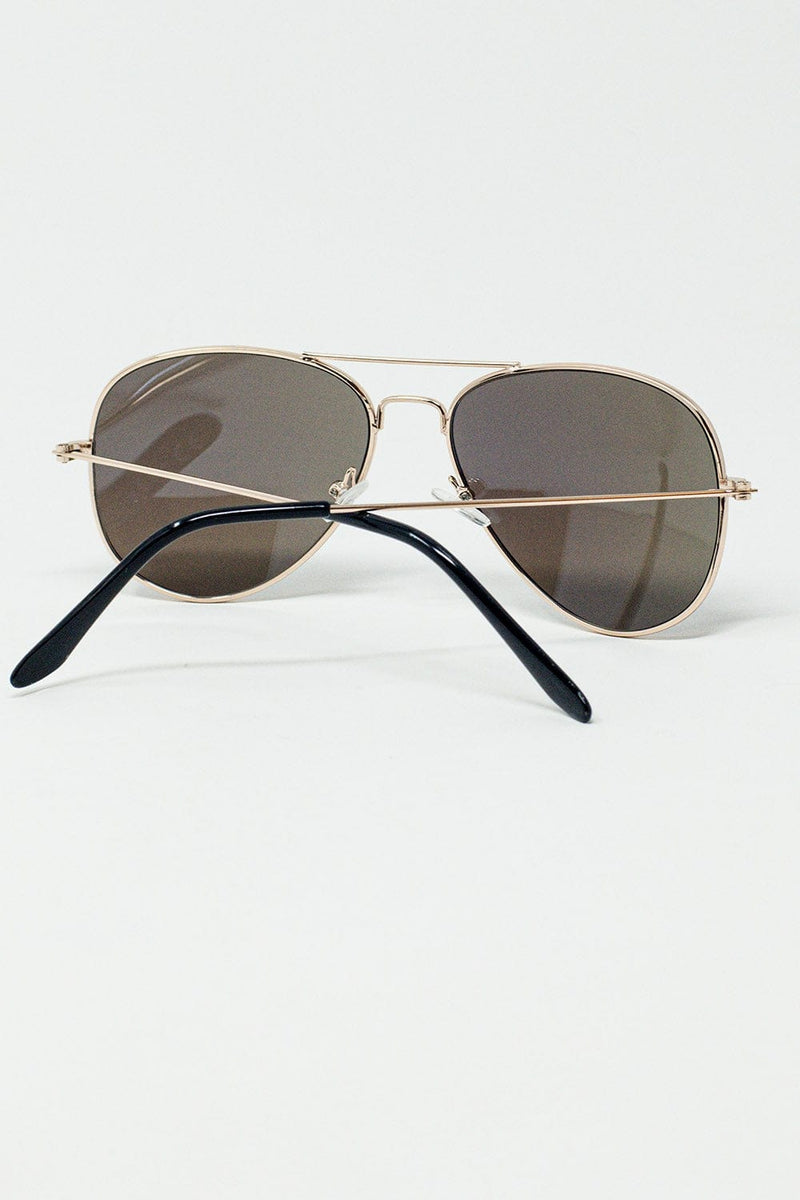 Q2 Women's Sunglasses One Size / Gold Retro Aviator Sunglasses  With Blue Smoke Lense And Golden Frame