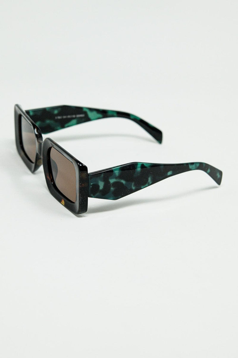 Q2 Women's Sunglasses One Size / Green Brown Square Sunglasses With Green Animal Print On The Side