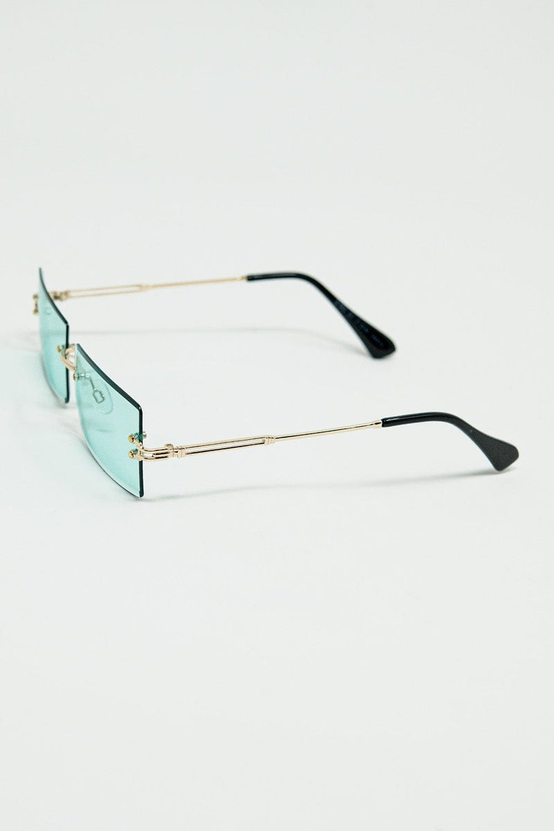 Q2 Women's Sunglasses One Size / Green Gold Thin Rimless Square Sunglasses With Turquoise Lenses