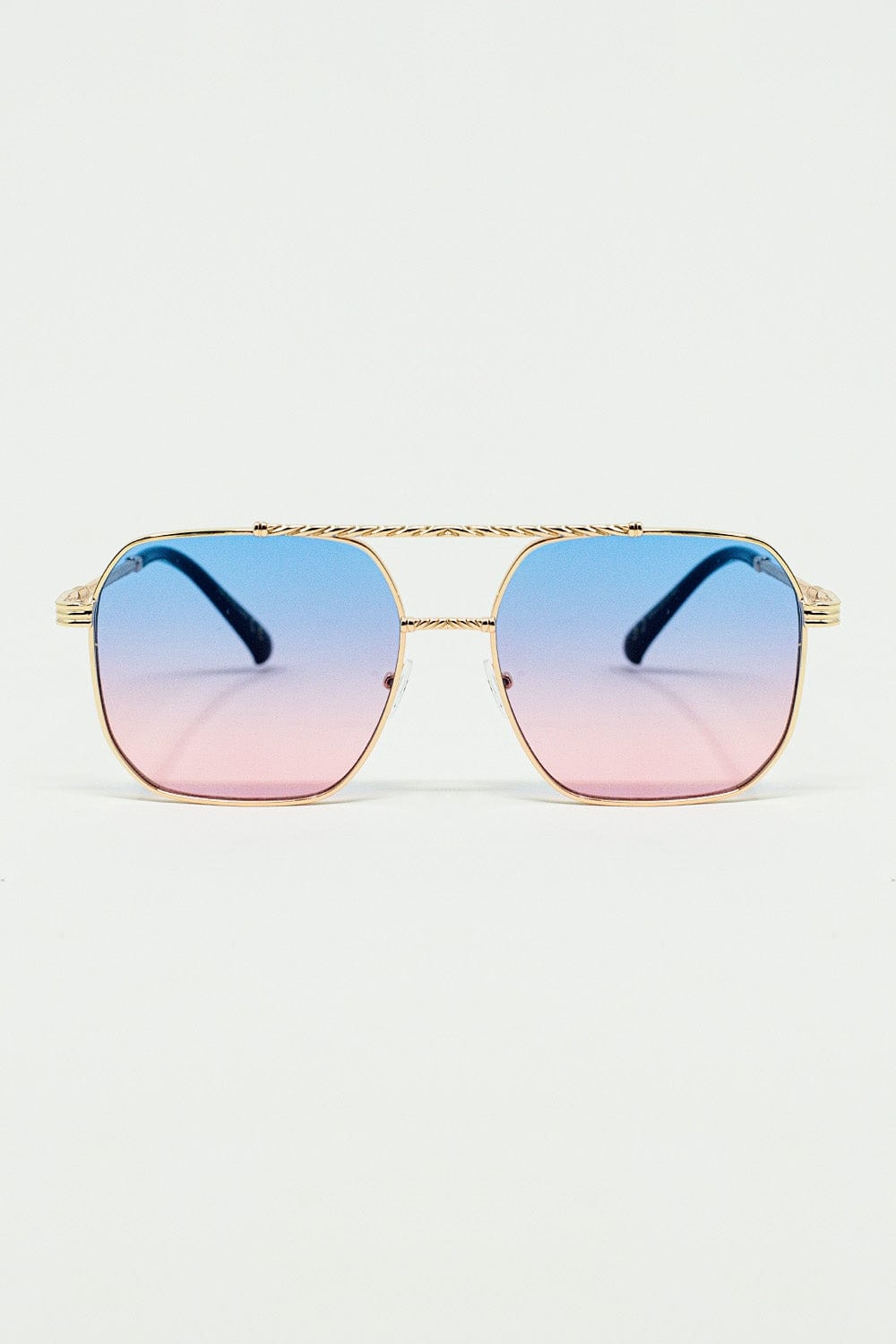 Q2 Women's Sunglasses One Size / Pink Gold Square Frame Sunglasses In Ombre Light Blue With Pink