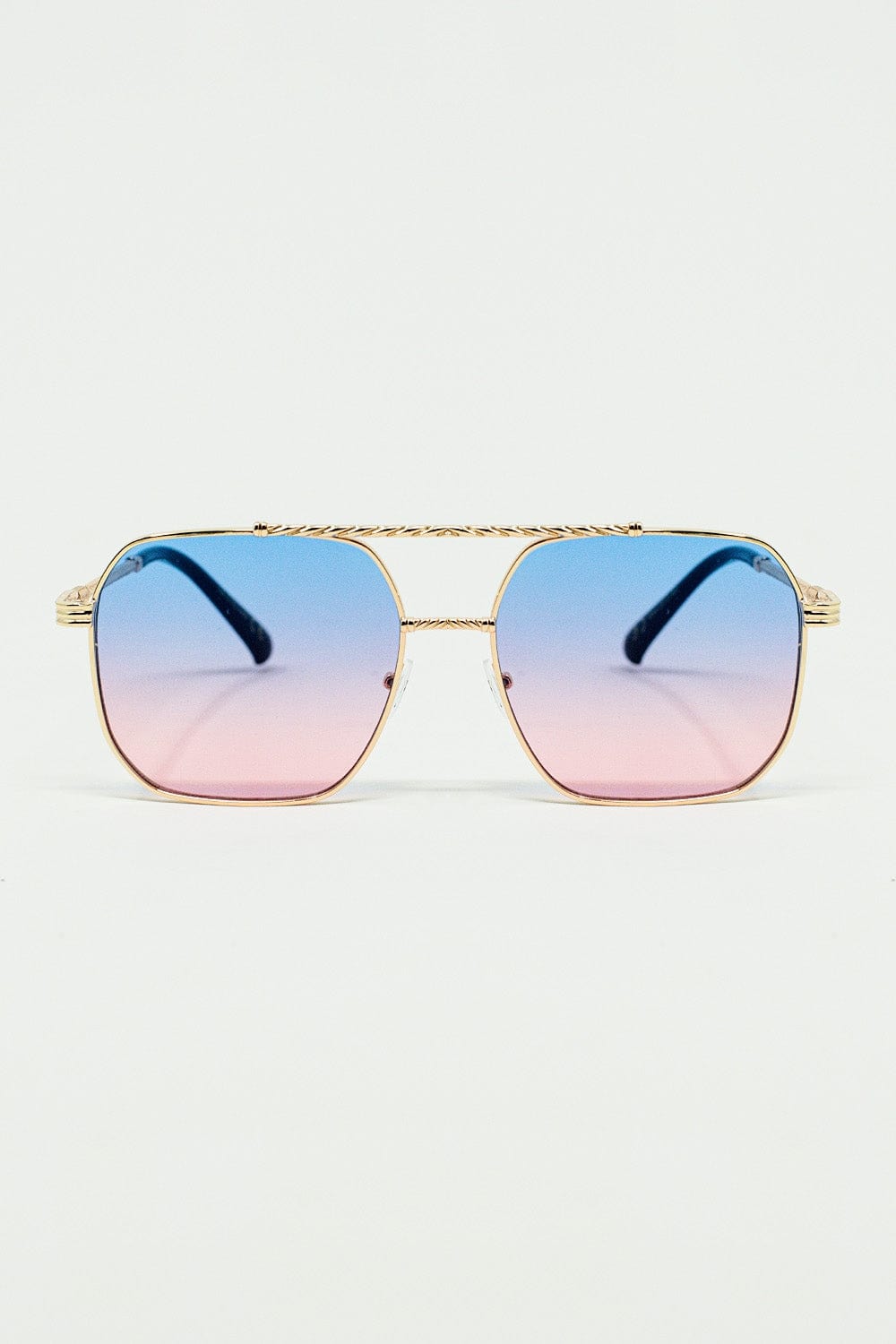 Q2 Women's Sunglasses One Size / Pink Gold Square Frame Sunglasses In Ombre Light Blue With Pink