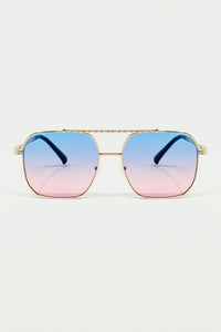 Q2 Women's Sunglasses One Size / Pink Gold Square Frame Sunglasses In Ombre Light Blue With Pink