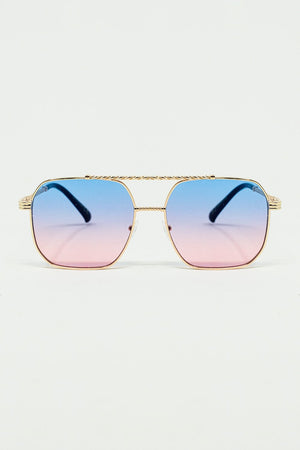 Q2 Women's Sunglasses One Size / Pink Gold Square Frame Sunglasses In Ombre Light Blue With Pink