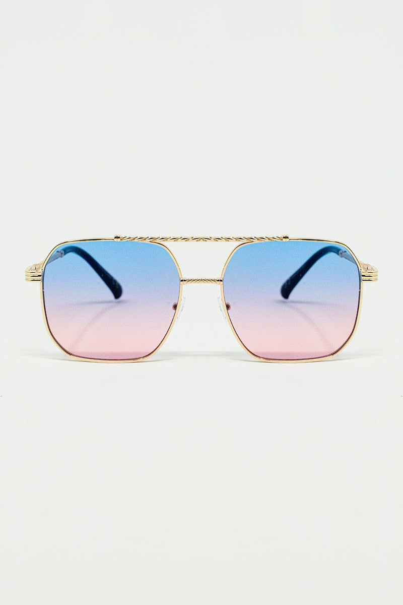 Q2 Women's Sunglasses One Size / Pink Gold Square Frame Sunglasses In Ombre Light Blue With Pink