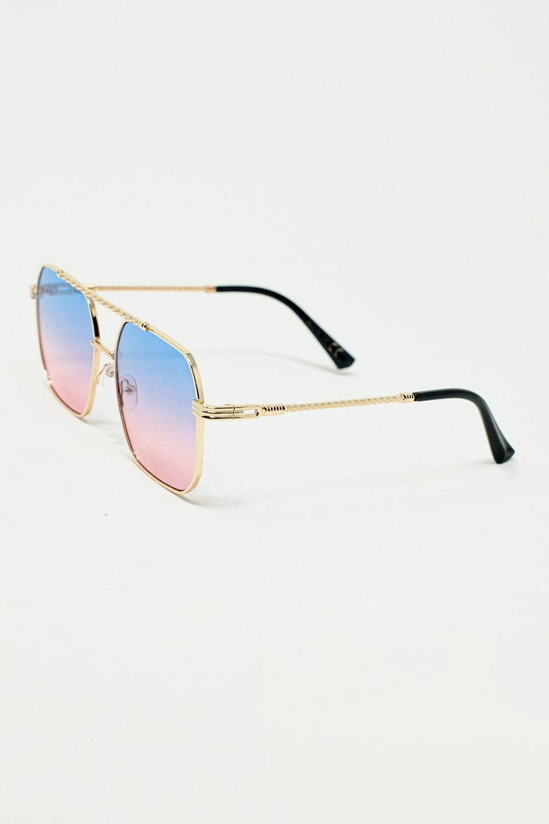 Q2 Women's Sunglasses One Size / Pink Gold Square Frame Sunglasses In Ombre Light Blue With Pink