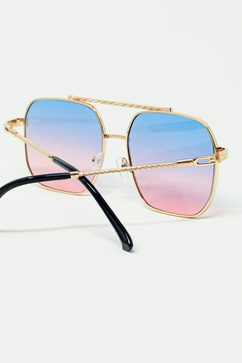 Q2 Women's Sunglasses One Size / Pink Gold Square Frame Sunglasses In Ombre Light Blue With Pink