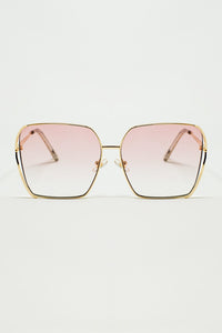 Q2 Women's Sunglasses One Size / Pink Oversized Square Metal Sunglasses In Light Pink Gradient Lens