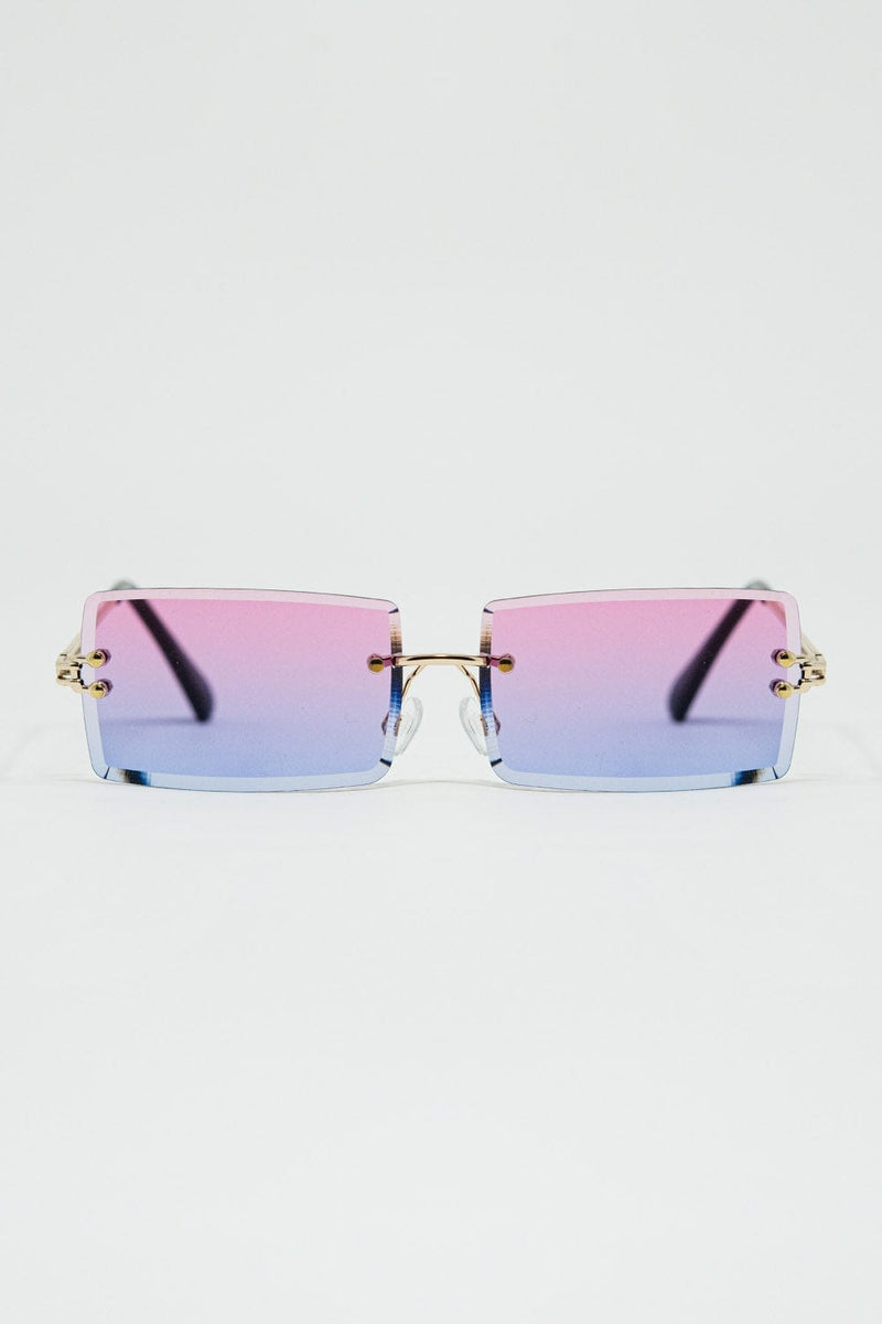 Q2 Women's Sunglasses One Size / Purple Gold Thin Rimless Square Sunglasses With Purple To Pink Gradient Lenses