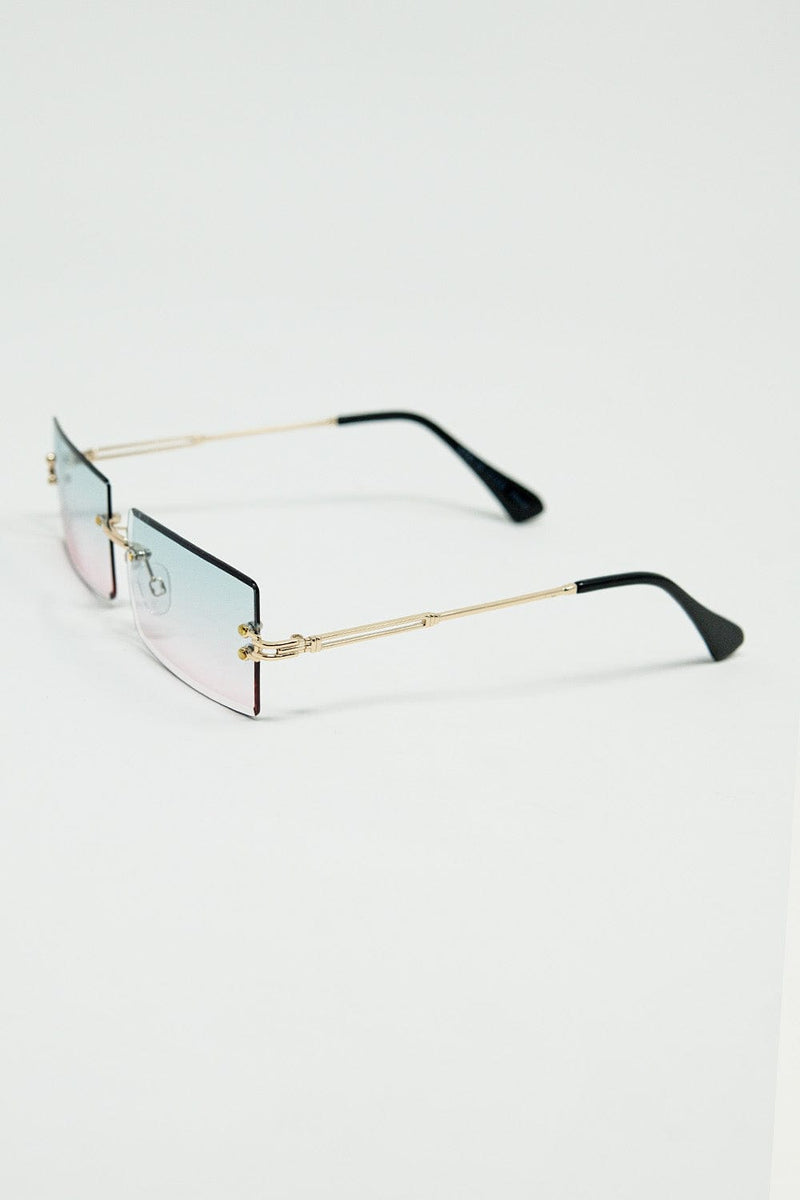 Q2 Women's Sunglasses One Size / White Gold Thin Rimless Square Sunglasses With Turquoise And Pink Gradient Lenses