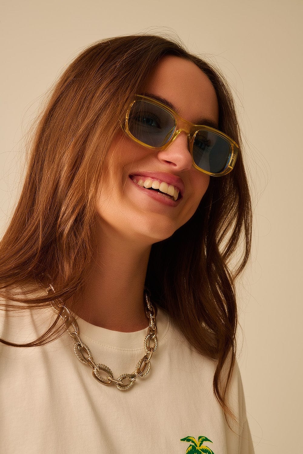 Q2 Women's Sunglasses One Size / Yellow Oval Sunglasses With High Gloss Transparent Frames In Yellow