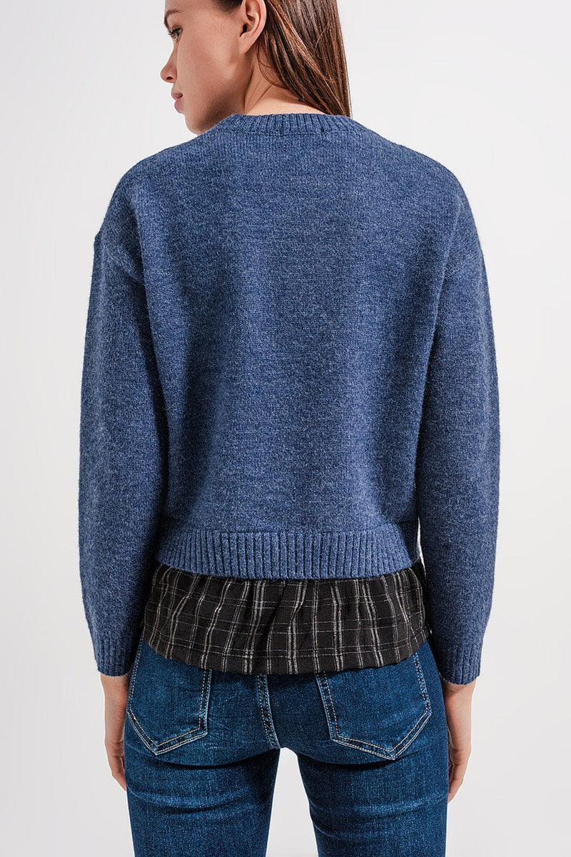 Q2 Women's Sweater 2 in 1 Jumper with Shirt Underlay in Navy